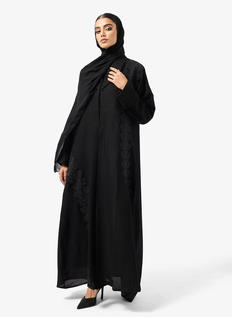 hayas closet Black Embroidery Collared Abaya With Sheila - Image 5